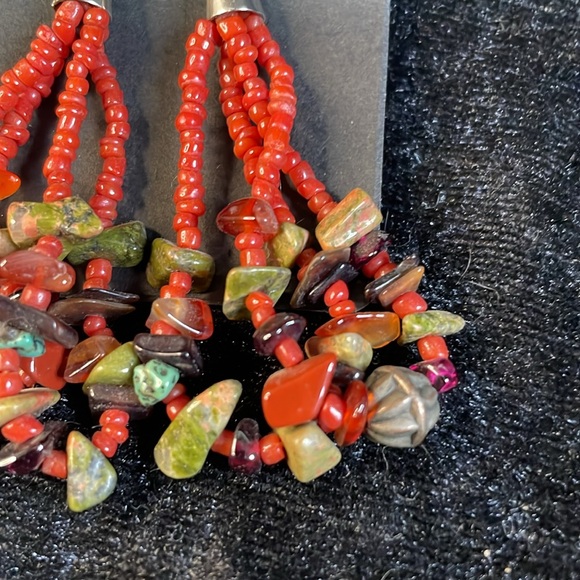 Vintage bead, Jasper, coral and sterling silver dangle earrings - Picture 2 of 3